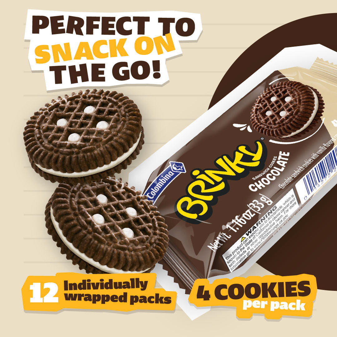 Crispy chocolate sandwich cookies with smooth chocolate cream. Includes 12 individually wrapped packs. Made by Colombina.