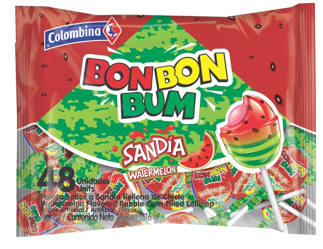 Fronk package of Bon Bon Bum watermelon lollipops. Sweet watermelon on the outside, chewy bubble gum on the inside. 48 individually wrapped.