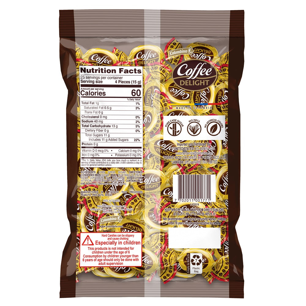 Back view package of Coffee Delight hard candy made with real coffee. Rich, creamy flavor that melts slowly. 100 individually wrapped pieces. 