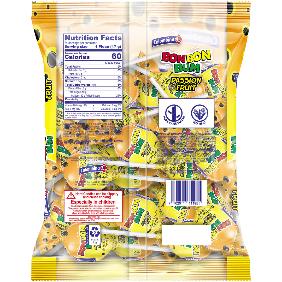 Back view of Passion Fruit Bon Bon Bum Package 24 lollipops, individually wrapped.