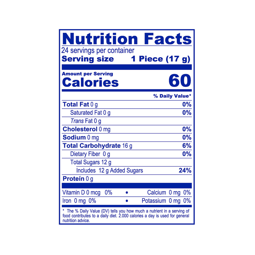 Nutrition facts label for Bon Bon Bum Passion Fruit 24 counts.