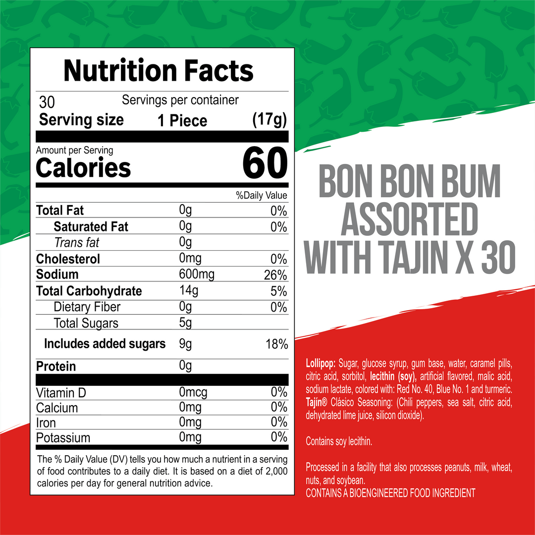 Bon Bon Bum x Tajín Limited Edition Bubble Gum Lollipops - 30 Pack Bulk Box | Passion Fruit & Watermelon Flavors with Chile-Lime Powder