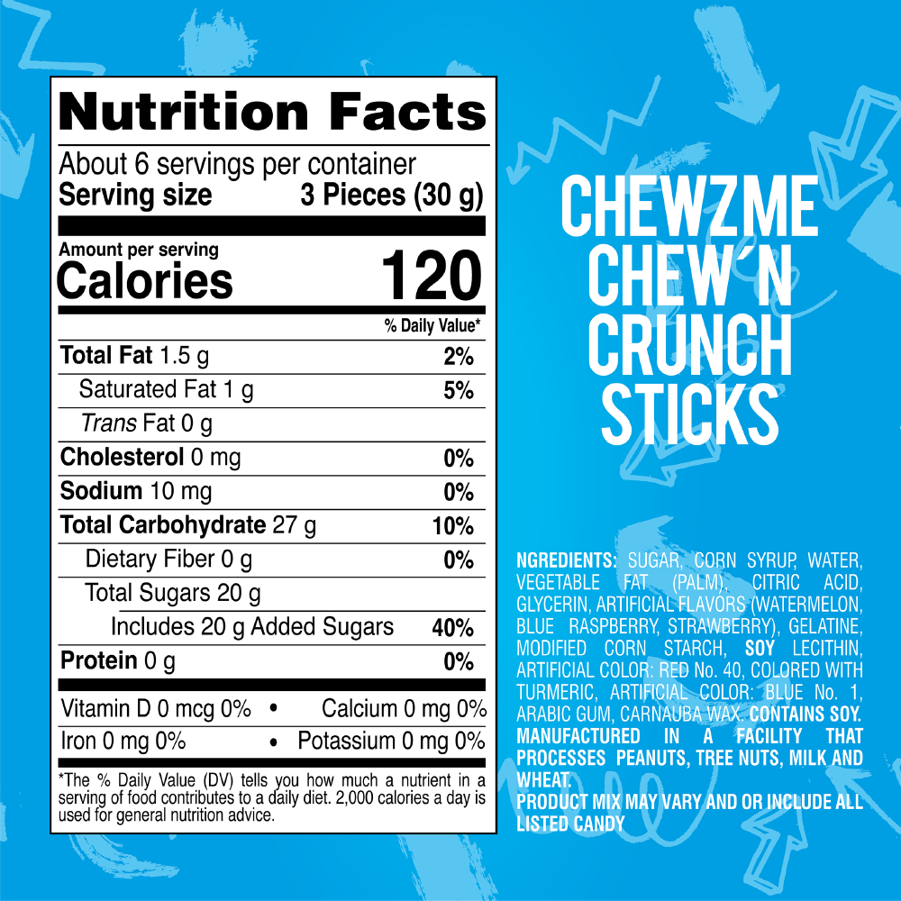 Nutrition facts and ingredients label for ChewzMe Chewin Crunch Sticks. For full ingredient, allergen, and nutritional information, refer to the product packaging.