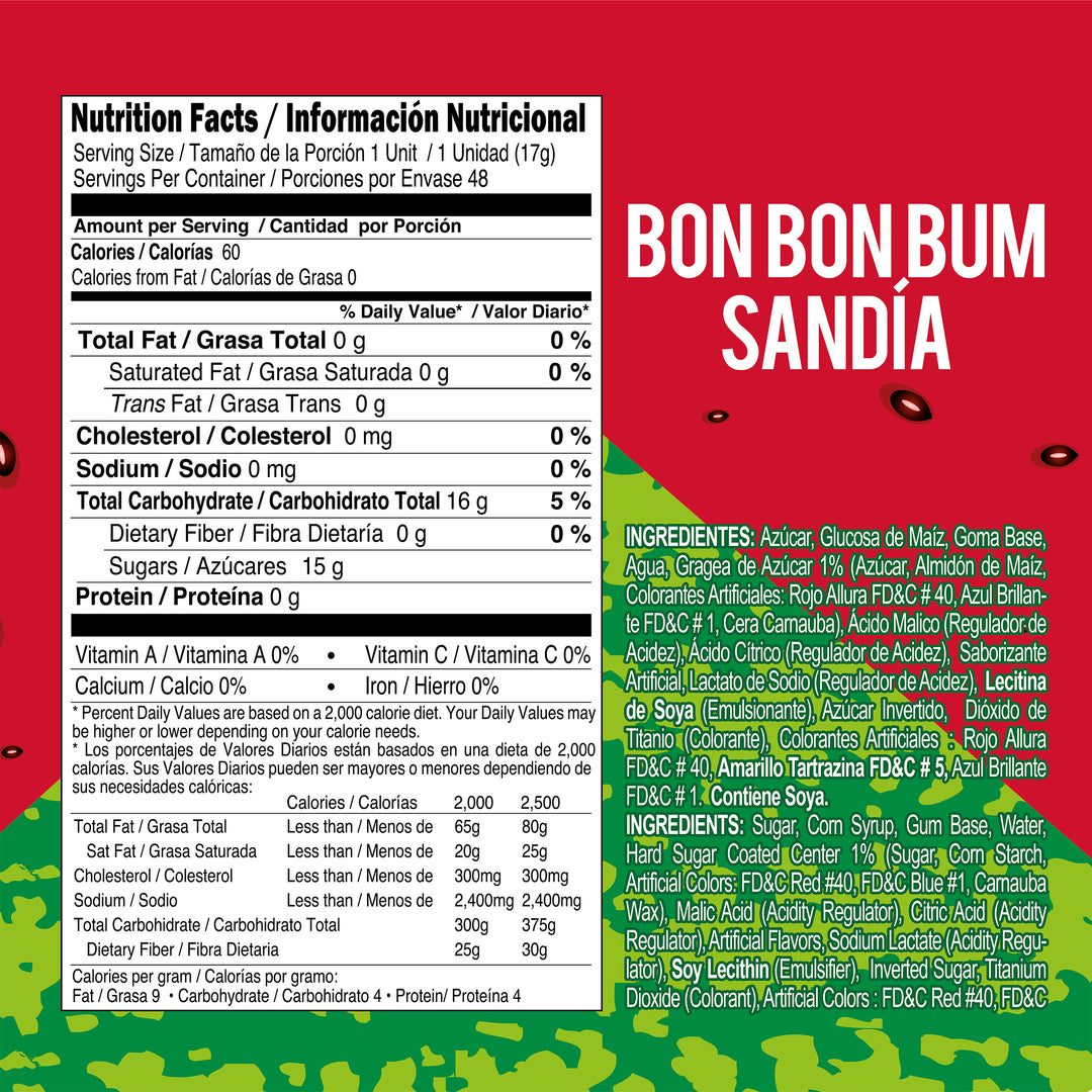 Nutrition facts label for Watermelon Bon Bon Bum lollipops. Always check the product packaging for the most accurate and up-to-date ingredient, allergen, and nutrition details.