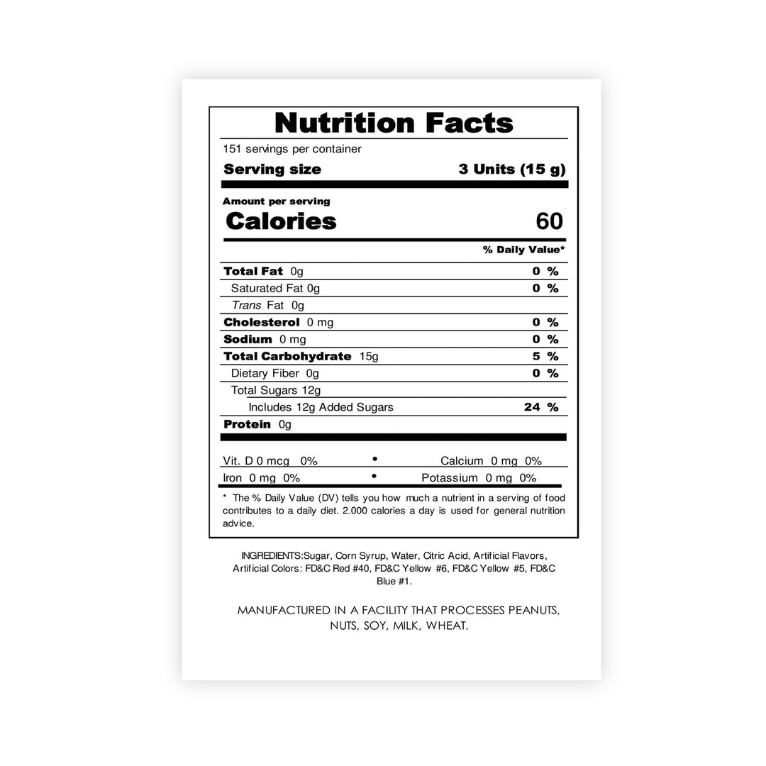 Nutrition facts label and ingredients of Colombina Assorted Fruit-Filled Candy 5 lb bag.