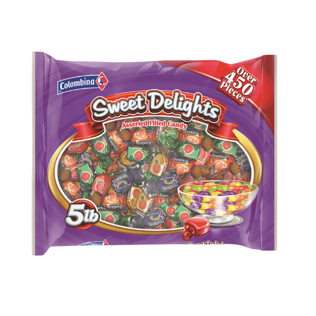 Front package view of Colombina Assorted Fruit-Filled Candy 5 lb bag includes individually wrapped pieces in strawberry, pineapple, green apple, and grape.