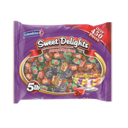 Front package view of Colombina Assorted Fruit-Filled Candy 5 lb bag includes individually wrapped pieces in strawberry, pineapple, green apple, and grape.
