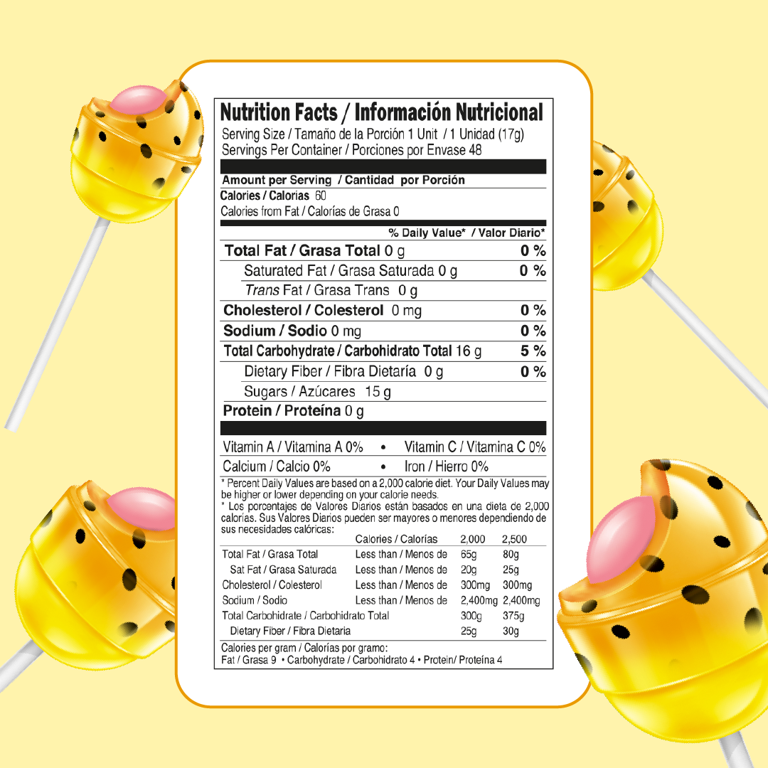 Label of Bon Bon Bum Passion Fruit lollipops with nutrition facts and ingredients. 