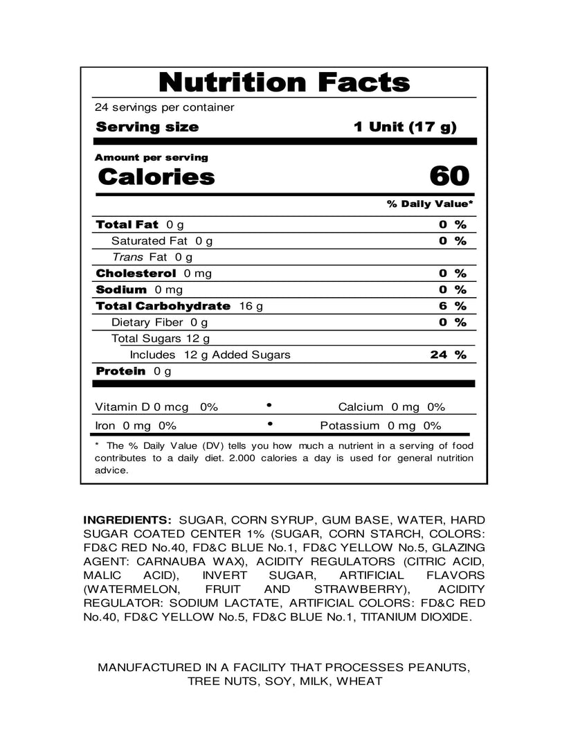 Nutrition facts label for Watermelon Bon Bon Bum with detailed information on calories, nutrients, and ingredients.