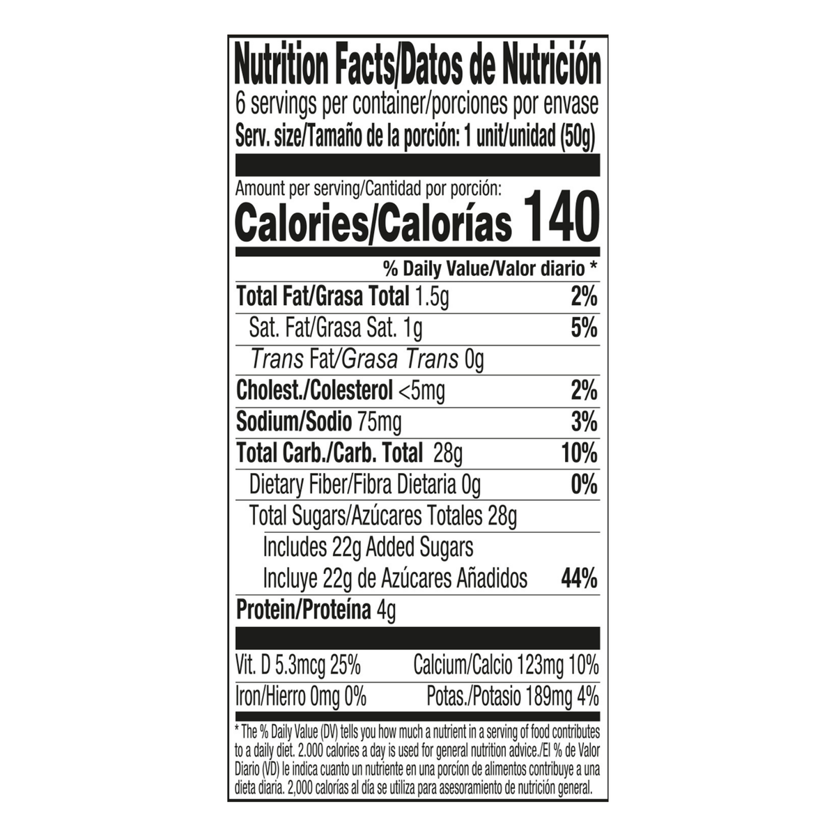 A Nutrition Facts label panel showing a standard food nutrition facts table with serving size, calories, macronutrients, and protein.