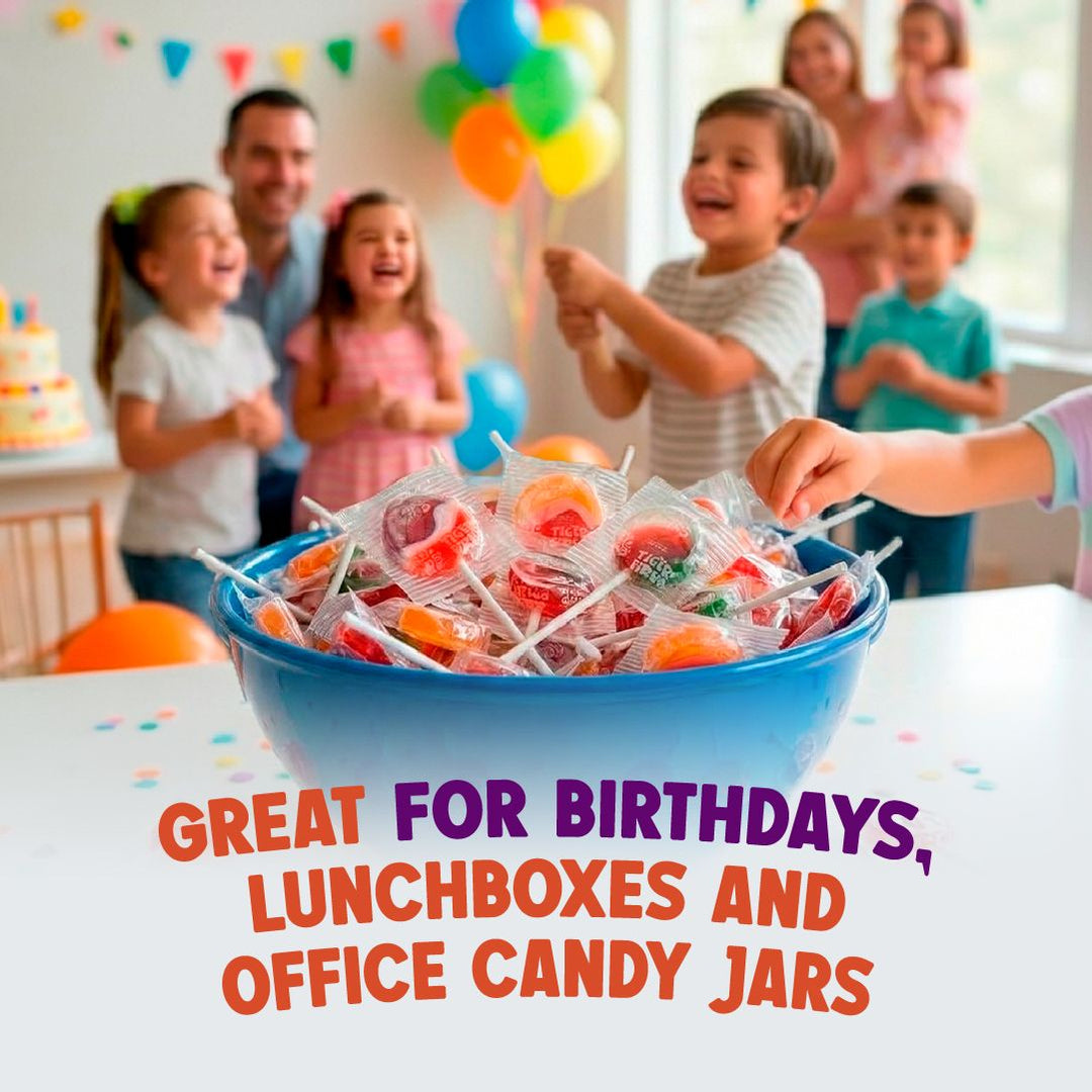 Tiger Pops Assorted 200 Count. Great for bithdays, lunchboxes, and office candy jars.