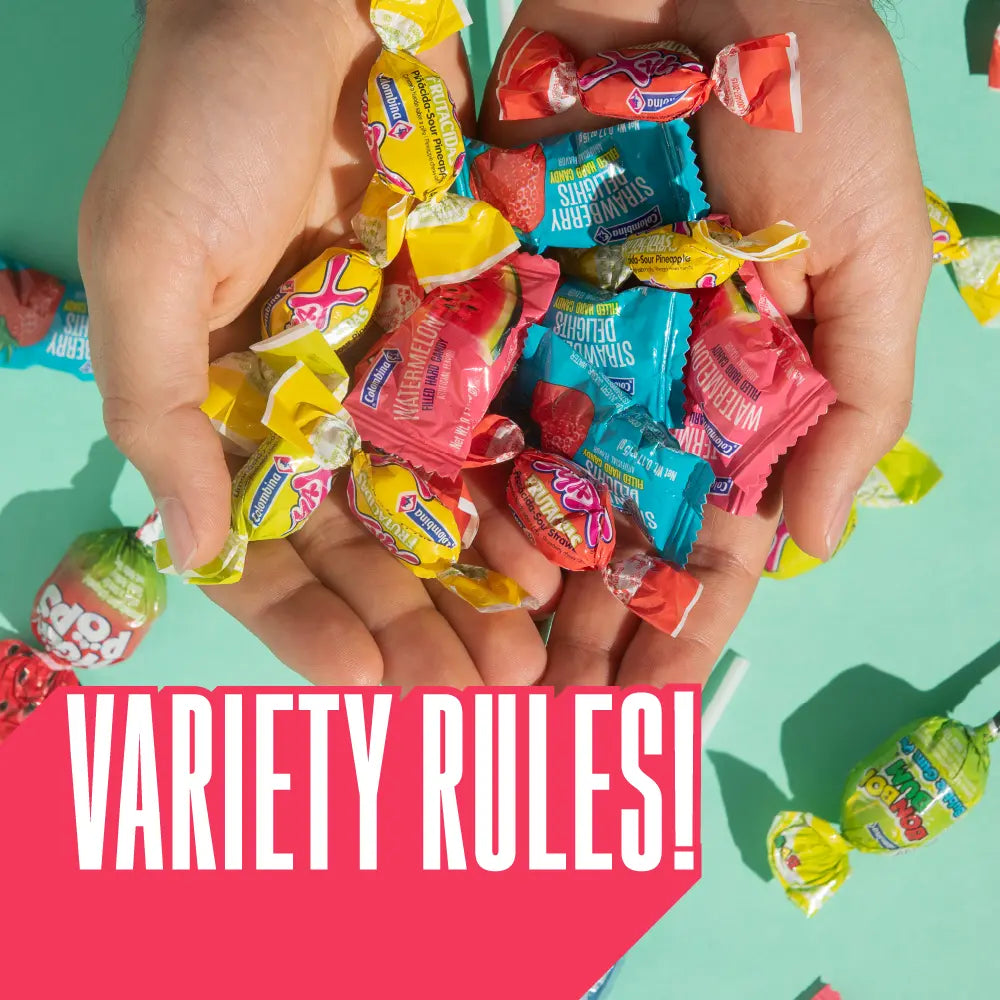 Variety Rules Mixin's Sweets 'n' Sour Variety Rules candy,  a 280 count candy variety pack with Bon Bon Bum green apple lollipops, Tiger Pops mouth painters, and fruity chews.
