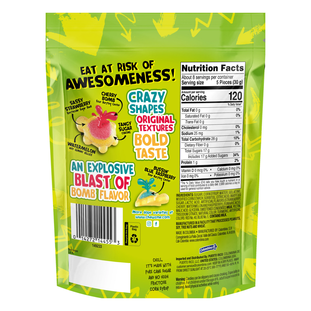 Back package view of ChewzMe Tangy Turtlz Gummies. 8 oz resealable bag. 