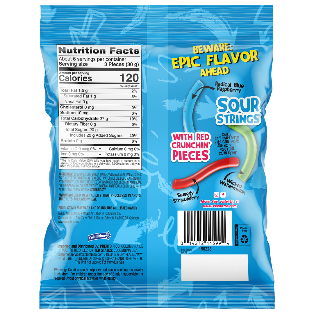 Back package view of ChewzMe chewin sour sticks. Strawberry, blue raspberry, and watermelon flavors. Individually wrapped, 6 oz. 