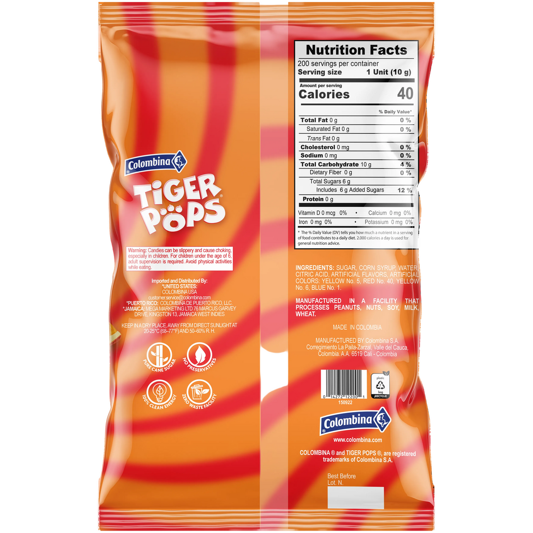 Back package view of of Tiger Pops Assorted 200 Count.  Strawberry, cherry, and orange. Individually wrapped.