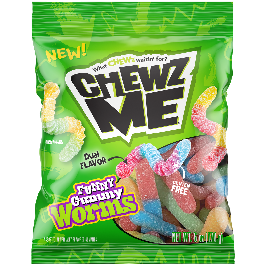 Front package view of ChewzMe Gummy Worms. Two-toned for a reason: each worm carries two complementary flavors in one piece. 