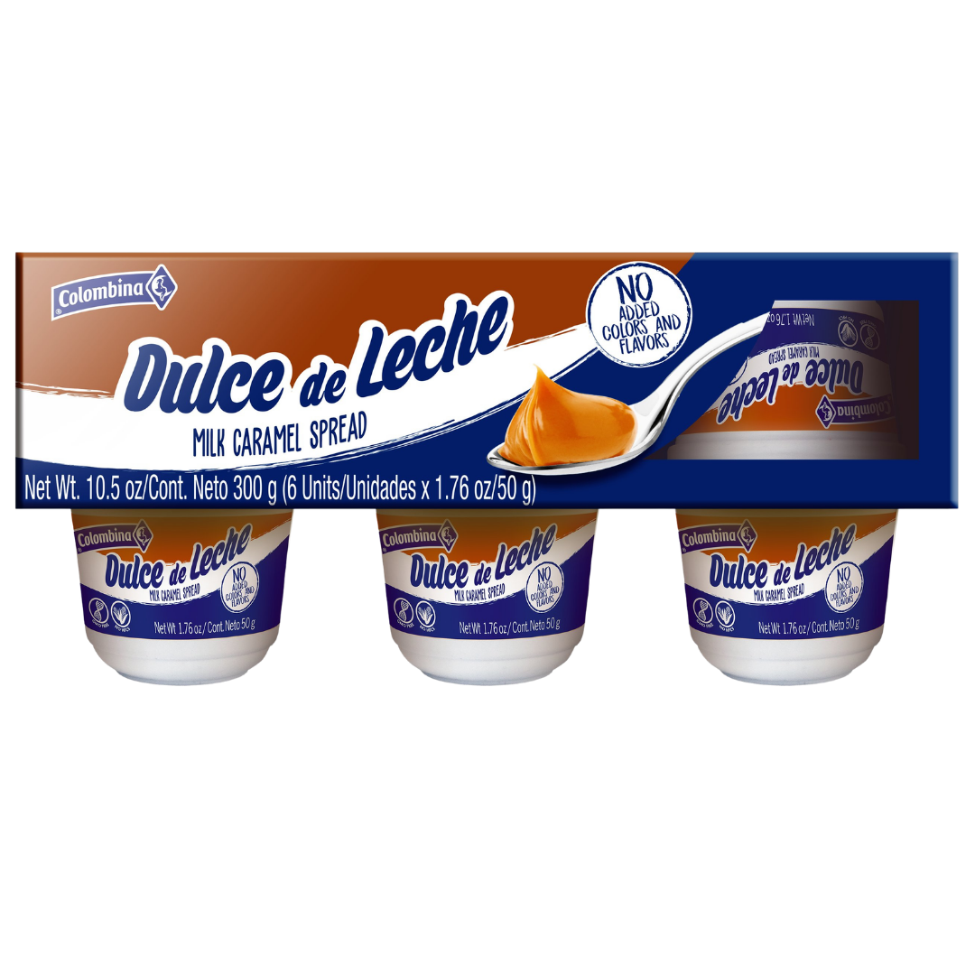 A 6-pack of Dulce de Leche Milk Caramel Spread by Colombia, featuring three individual cups.