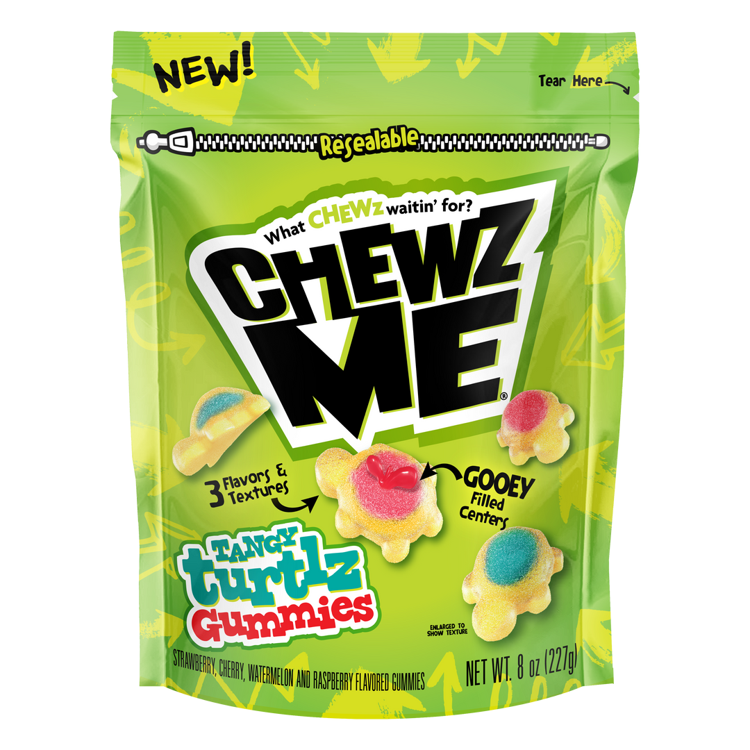 Front package view of ChewzMe Tangy Turtlz Gummies. 8 oz resealable bag. 

