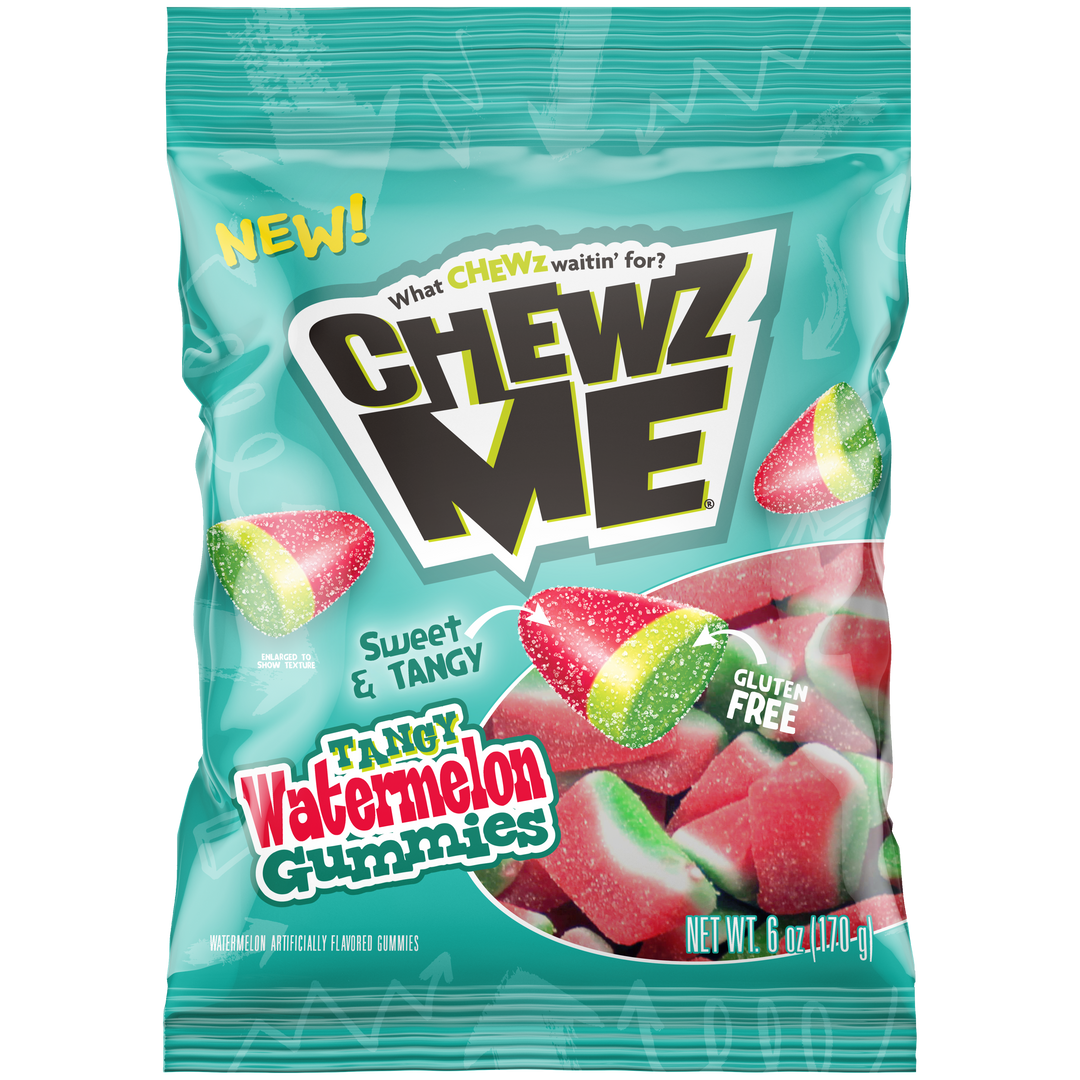 Front package view of ChewzMe Watermelon Gummies. Watermelon-slice shaped gummies with a sweet-tart sugar coating. 6 oz bag. Fun to eat, easy to share.