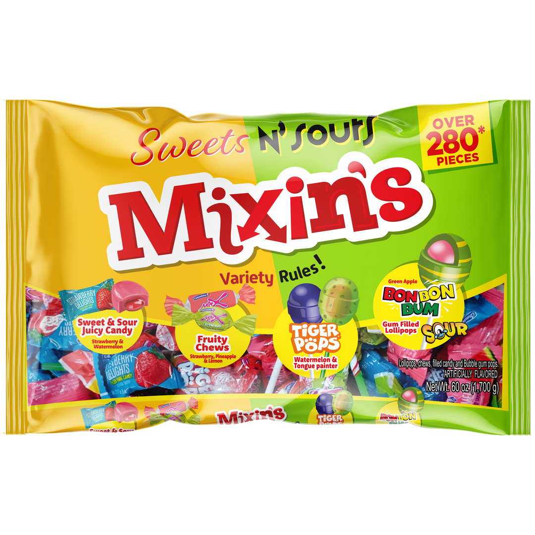 Front view package of Mixin's Sweets 'n' Sour Variety Rules candy,  a 280 count candy variety pack with Bon Bon Bum green apple lollipops, Tiger Pops mouth painters, and fruity chews. 
