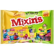 Front view package of Mixin's Sweets 'n' Sour Variety Rules candy,  a 280 count candy variety pack with Bon Bon Bum green apple lollipops, Tiger Pops mouth painters, and fruity chews. 