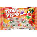 Load image into Gallery viewer, Front package view of of Tiger Pops Assorted 200 Count.  Strawberry, cherry, and orange. Individually wrapped.
