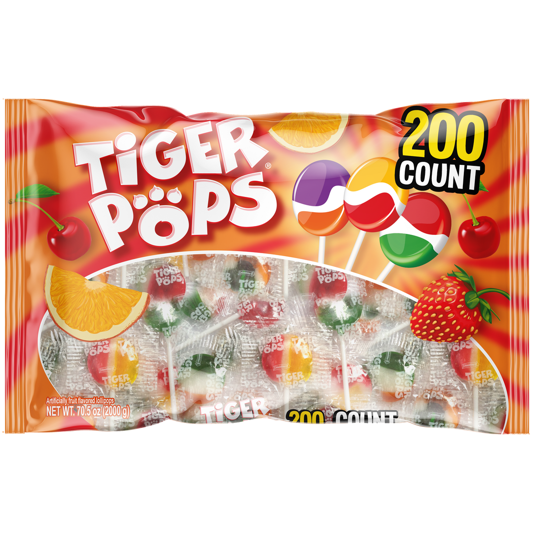 Front package view of of Tiger Pops Assorted 200 Count.  Strawberry, cherry, and orange. Individually wrapped.