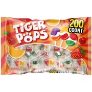 Front package view of of Tiger Pops Assorted 200 Count.  Strawberry, cherry, and orange. Individually wrapped.