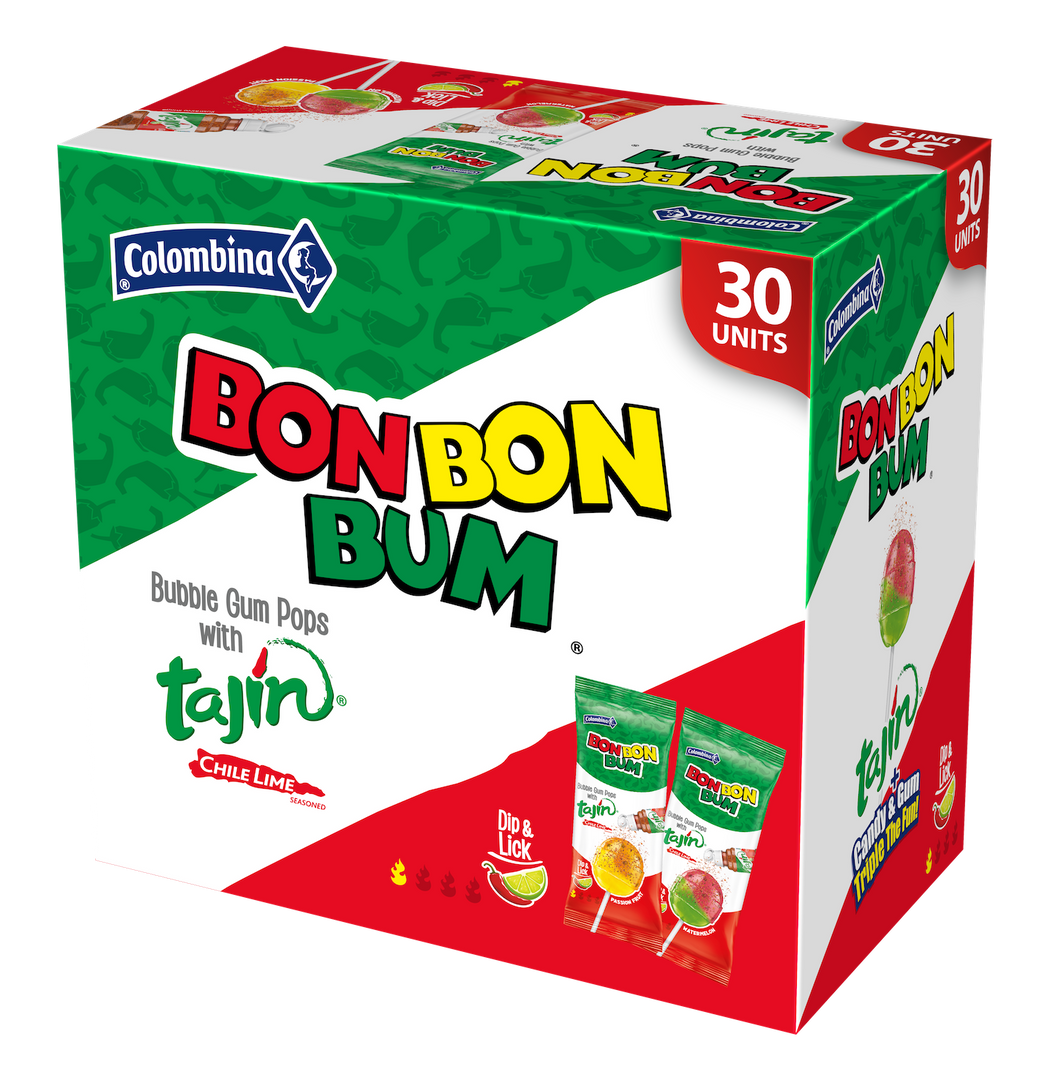 Bon Bon Bum x Tajín Limited Edition Bubble Gum Lollipops - 30 Pack Bulk Box | Passion Fruit & Watermelon Flavors with Chile-Lime Powder