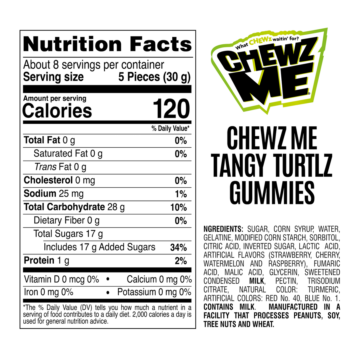 Nutrition facts and ingredients label for ChewzMe Tangy Turtlz Gummies.For full ingredient, allergen, and nutritional details, always refer to the product packaging.