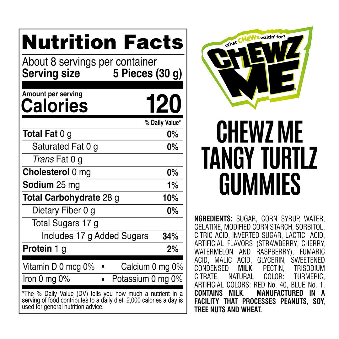 Nutrition facts and ingredients label for ChewzMe Tangy Turtlz Gummies.For full ingredient, allergen, and nutritional details, always refer to the product packaging.