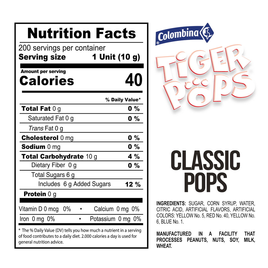 Nutrition facts label for Colombina Tiger Pops Classic Pops Assorted 200 count.