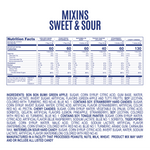 Load image into Gallery viewer, A nutrition facts label and ingredients list forMIXINS SWEET &amp; SOURBack,  a 280 count candy variety pack with Bon Bon Bum green apple lollipops, Tiger Pops mouth painters, and fruity chews. 
