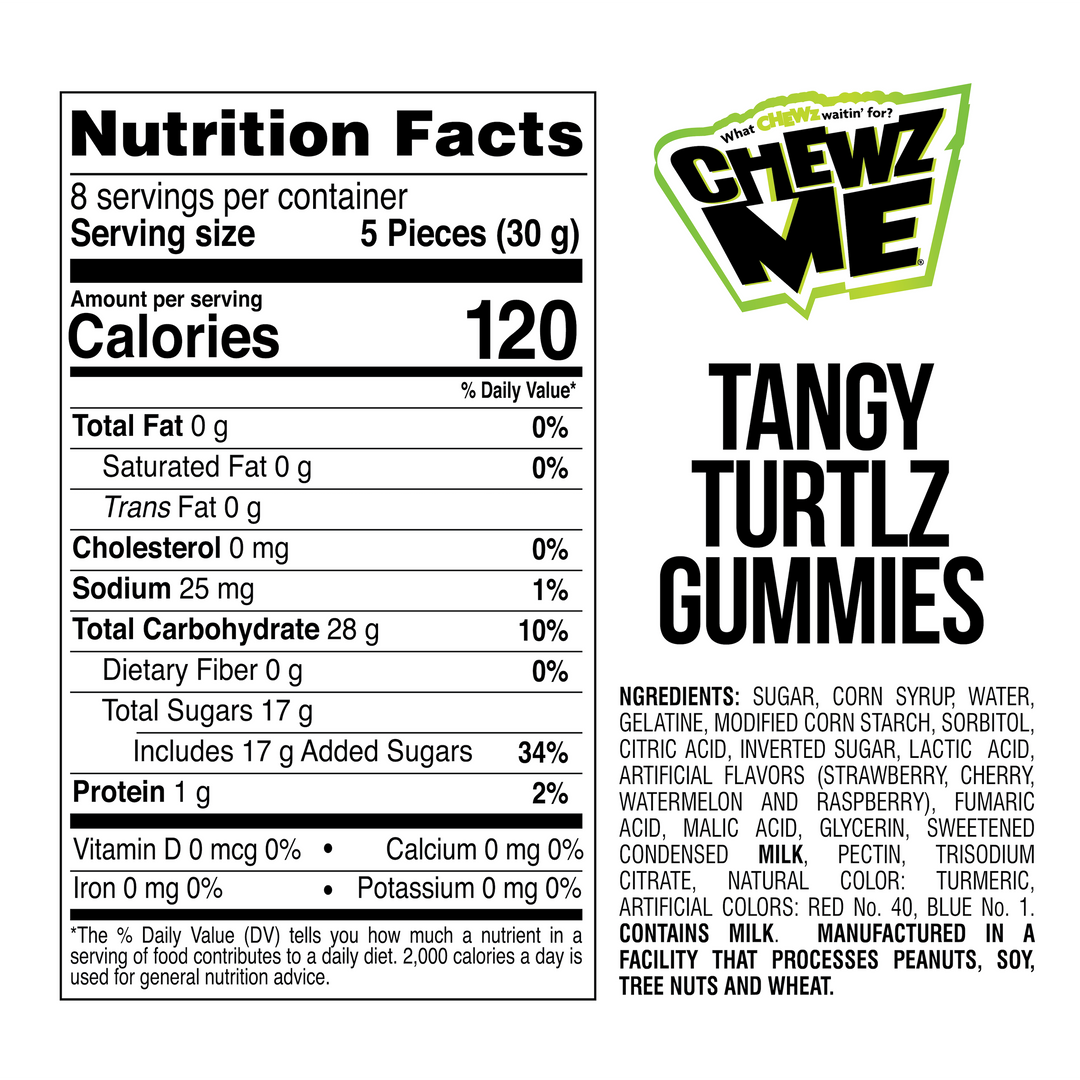 Nutrition facts label for Chewzme Tangy Turtlz Gummies. Always check the product packaging for the most accurate and up-to-date ingredient, allergen, and nutrition details.