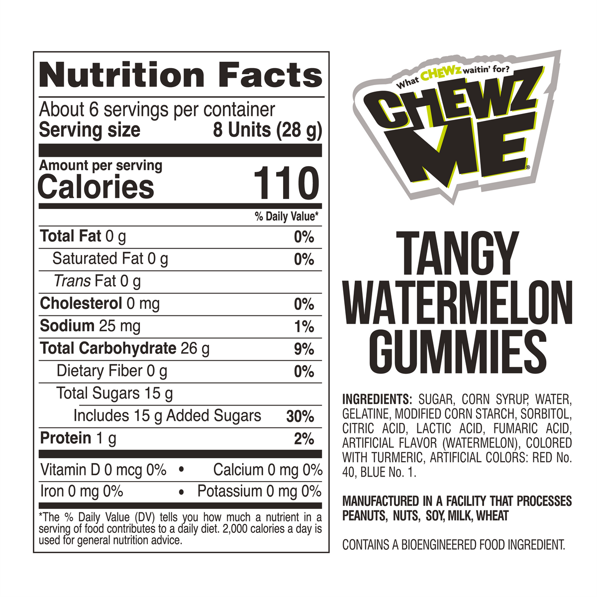 Nutrition facts and ingredients label for ChewzMe Watermelon Gummies.  For full ingredient, allergen, and nutritional details, always refer to the product packaging. 