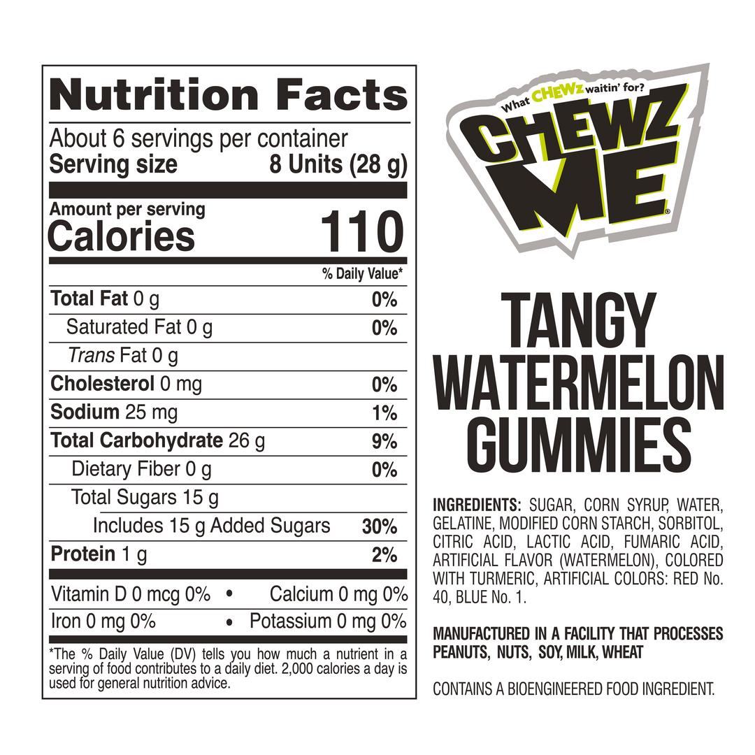 Nutrition facts and ingredients label for ChewzMe Watermelon Gummies.  For full ingredient, allergen, and nutritional details, always refer to the product packaging. 